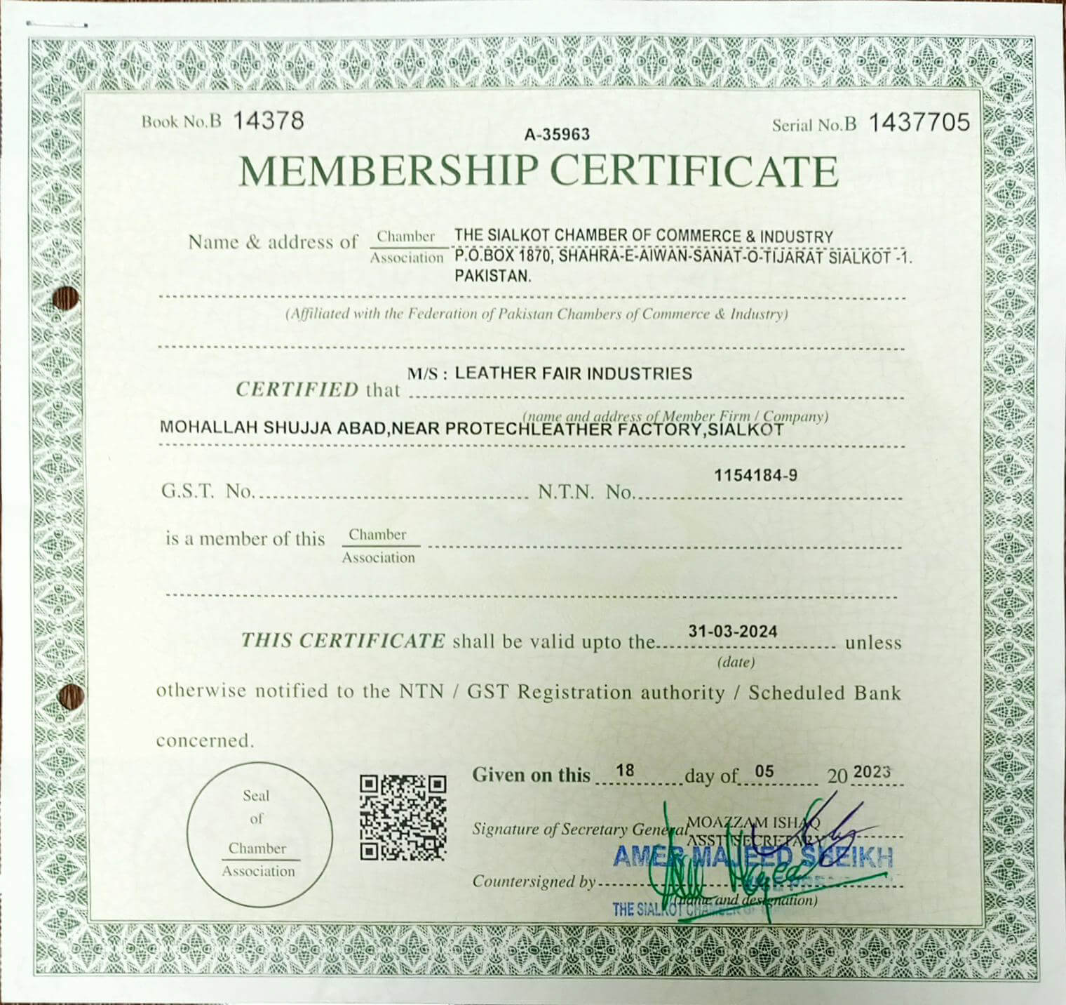 Chamber Certificate