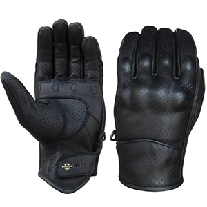 Black perforated leather motorcycle gloves with carbon fiber knuckle protection.