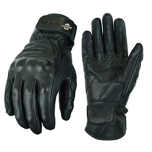 Black leather men's motorcycle gloves with knuckle protection and touchscreen capability.
