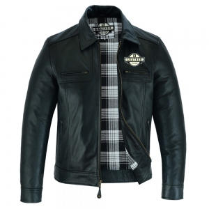 Black leather jacket with a plaid lining and a chest emblem, unzipped to reveal the interior.
