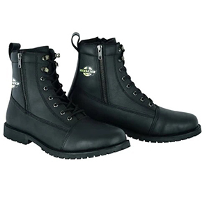 Black leather lace-up boots with side zippers and a small gold emblem on the side.
