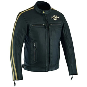 Dark gray motorcycle jacket with yellow stripes on the sleeves and a chest patch.