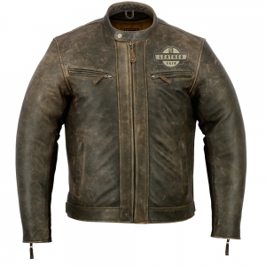 Distressed brown leather motorcycle jacket with chest emblem.