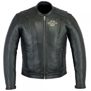 Men's black leather biker jacket with chest emblem.