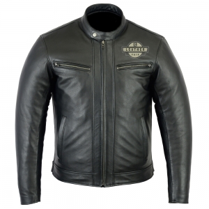 Black leather motorcycle jacket with chest emblem, two front pockets.