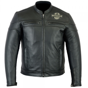 Black leather motorcycle jacket with chest emblem, two zip pockets.