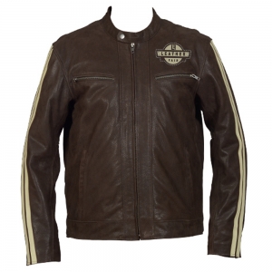 Brown leather motorcycle jacket with cream stripes on the sleeves and a chest emblem.