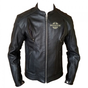 Black leather Moto Guzzi motorcycle jacket with chest logo.