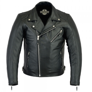 Black genuine cowhide leather biker jacket with silver zippers.