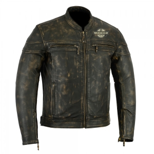 Distressed brown leather motorcycle jacket with chest emblem.