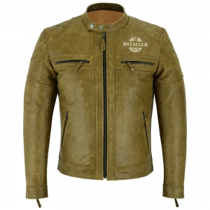 Green leather Furygan Shepard motorcycle jacket with emblem.