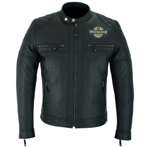 Black leather Arlen Ness New York motorcycle jacket.