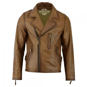 Men's classic vintage brown leather biker jacket