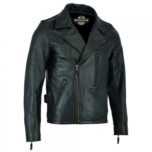Men's black leather motorcycle jacket with zipper closure.