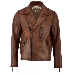 Men's distressed brown leather biker jacket with multiple zippers.