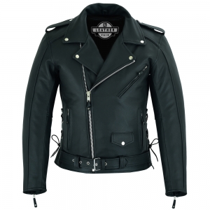 Black leather biker jacket with belt and silver hardware.