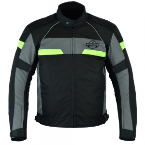 Men's black, grey, neon textile motorcycle jacket.