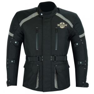 Men's black and grey touring motorcycle jacket.