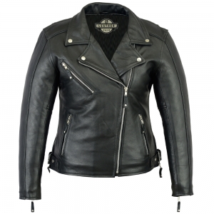 Black leather women's motorcycle jacket with silver zippers.