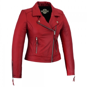 Women's genuine sheep leather red motorcycle jacket.