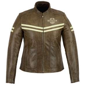 Brown leather motorcycle jacket with cream stripes and front emblem.