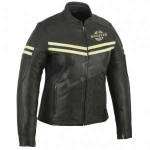 Black leather motorcycle jacket with cream stripes and chest patch.