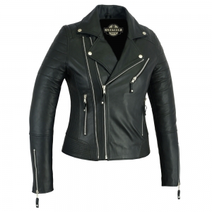 Black leather moto jacket with asymmetrical zipper and silver hardware.