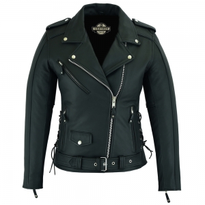 Women's classic black leather motorcycle jacket with silver hardware.