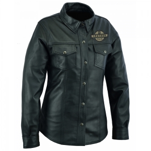 Black leather shirt with snap buttons and chest patch.